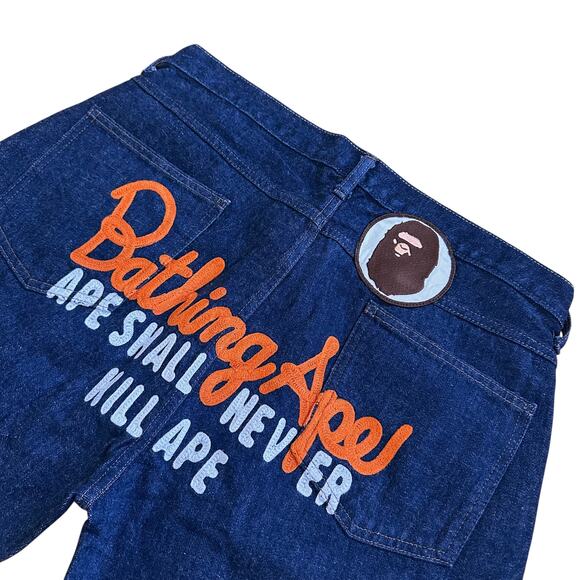 L 34 Waist Bape Jean Shorts Wrangler Champion Logo Embroidered - Picture 2 of 5